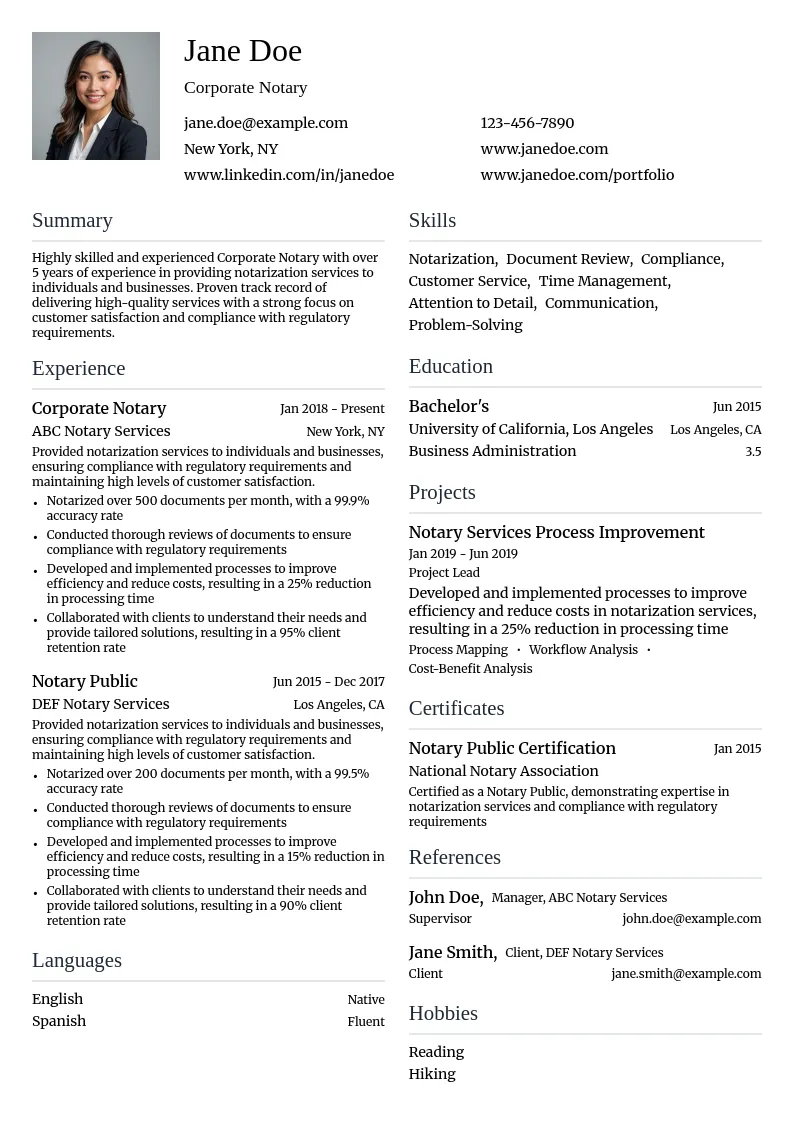 Corporate Notary resume example