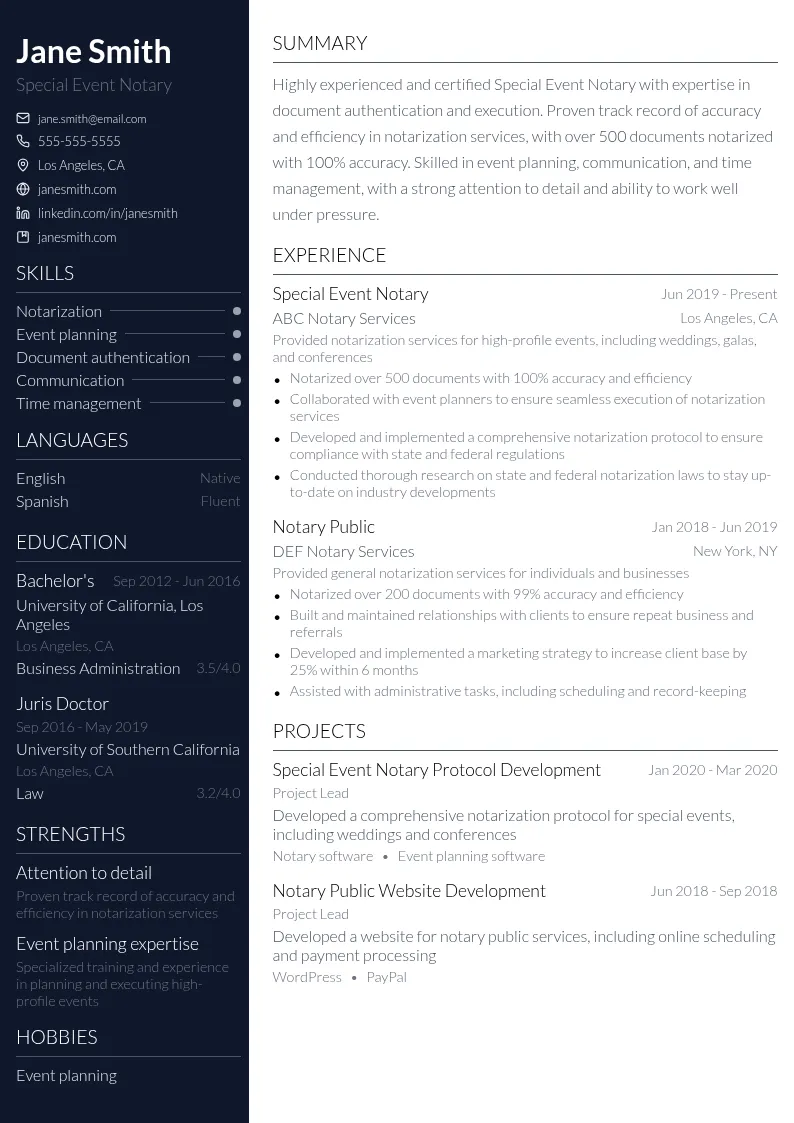 Special Event Notary resume example