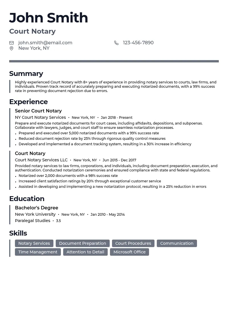 Court Notary resume example