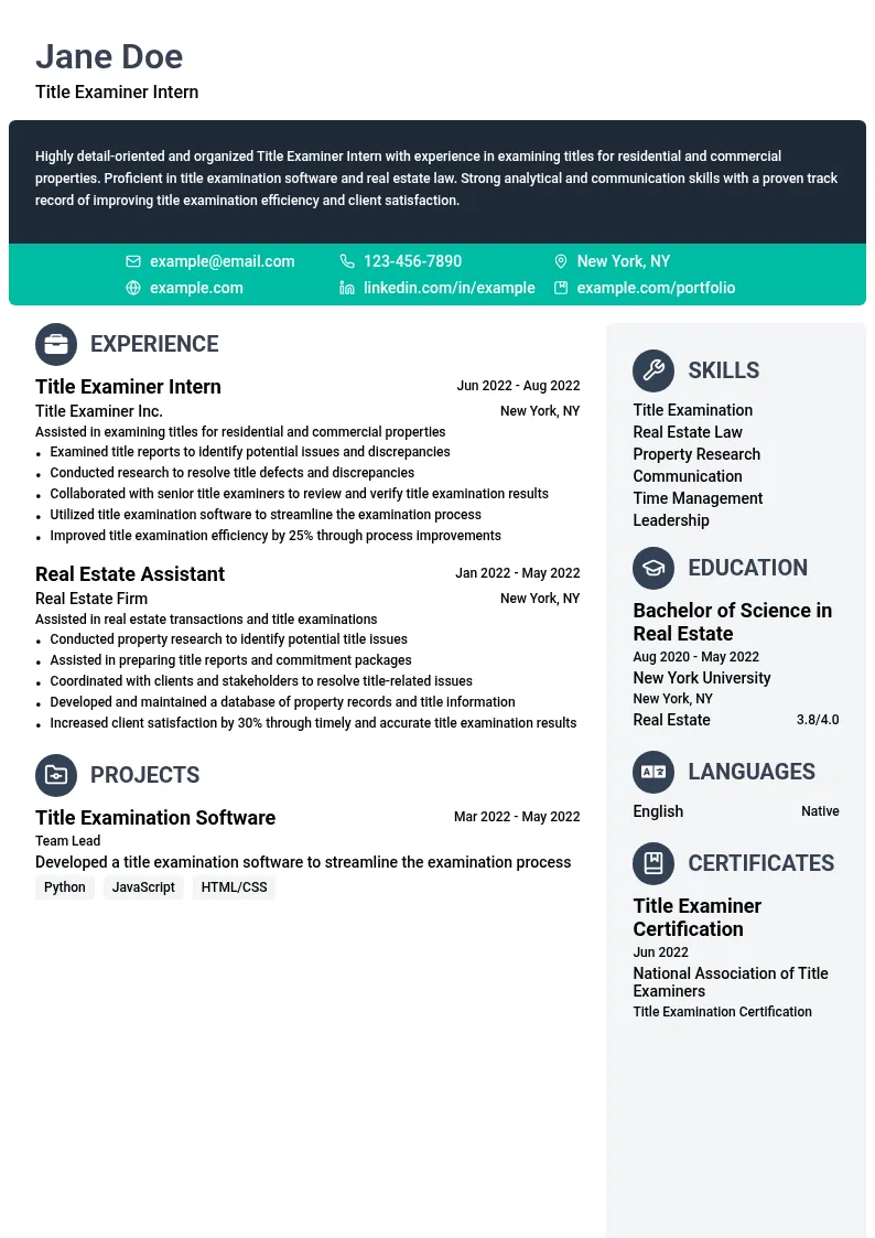 Title Examiner Intern resume example