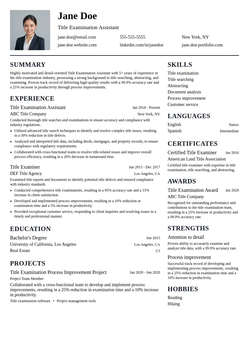 Title Examination Assistant resume example