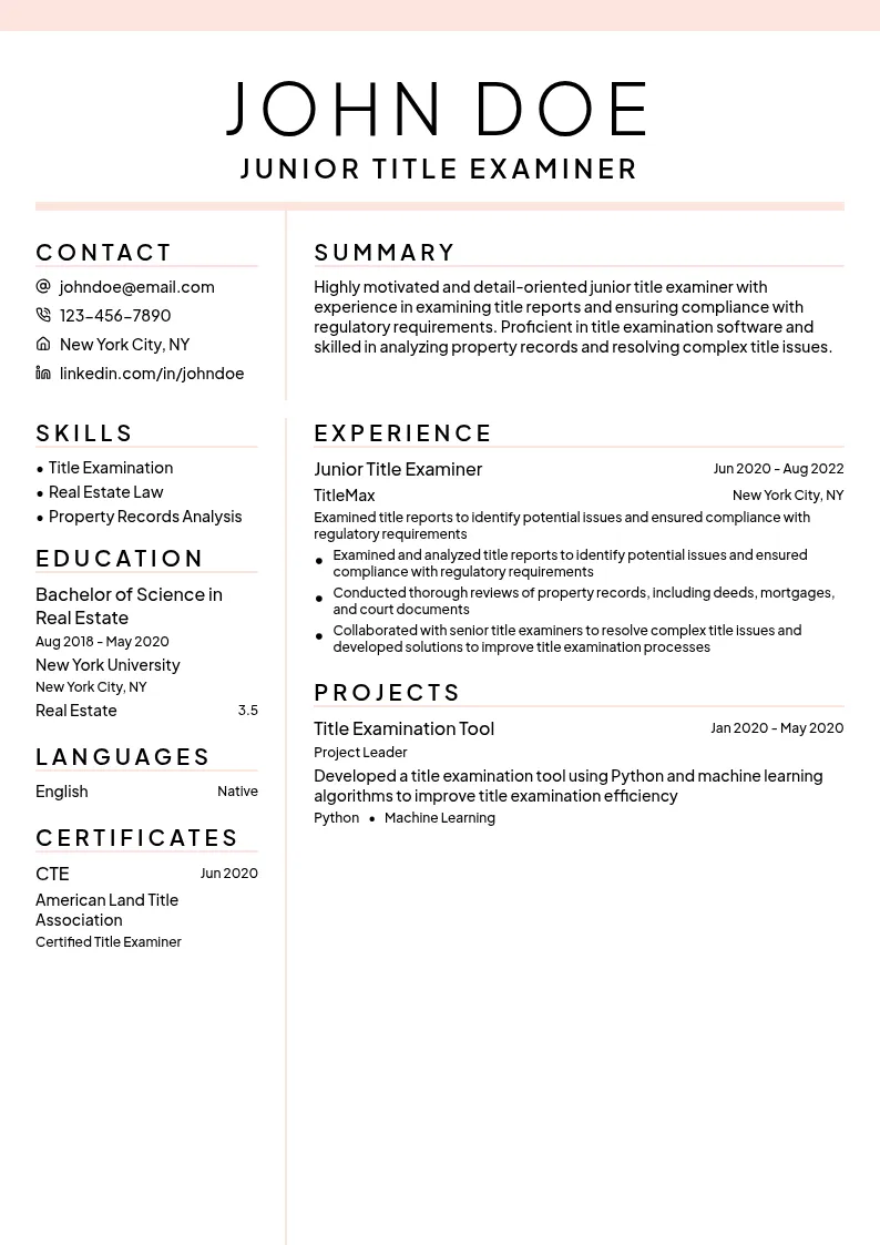 Junior Title Examiner resume example
