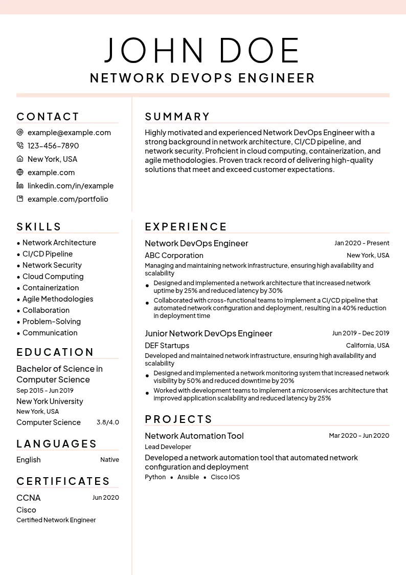 Network DevOps Engineer resume example