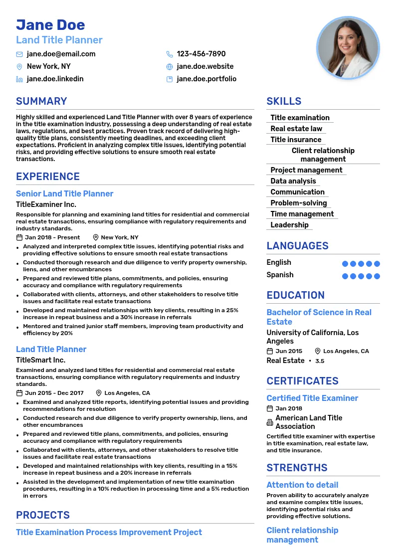 Land Title Planner resume example