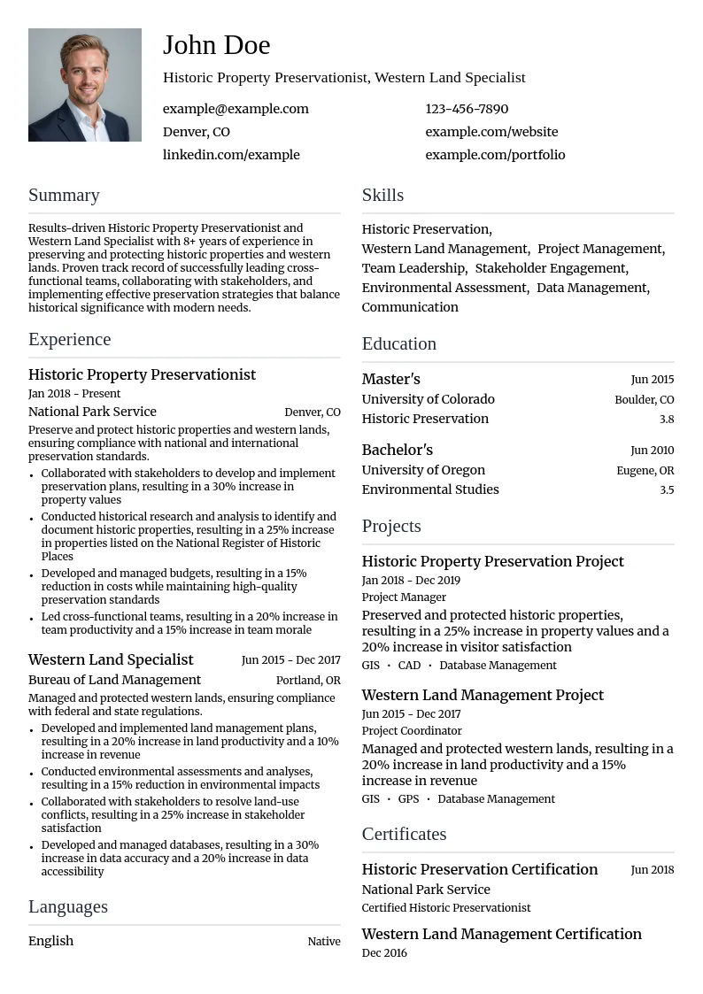 Historic Property Preservationist,Western Land Specialist resume example