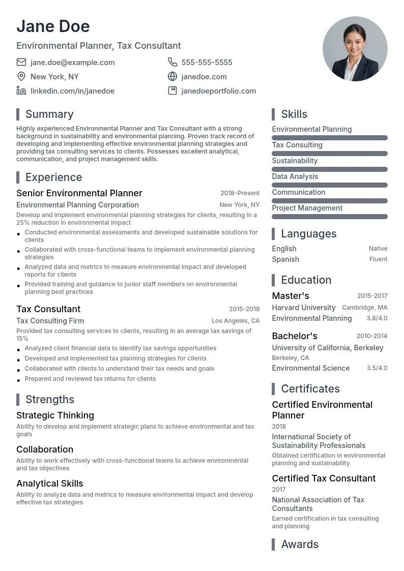 Environmental Planner,Tax Consultant resume example
