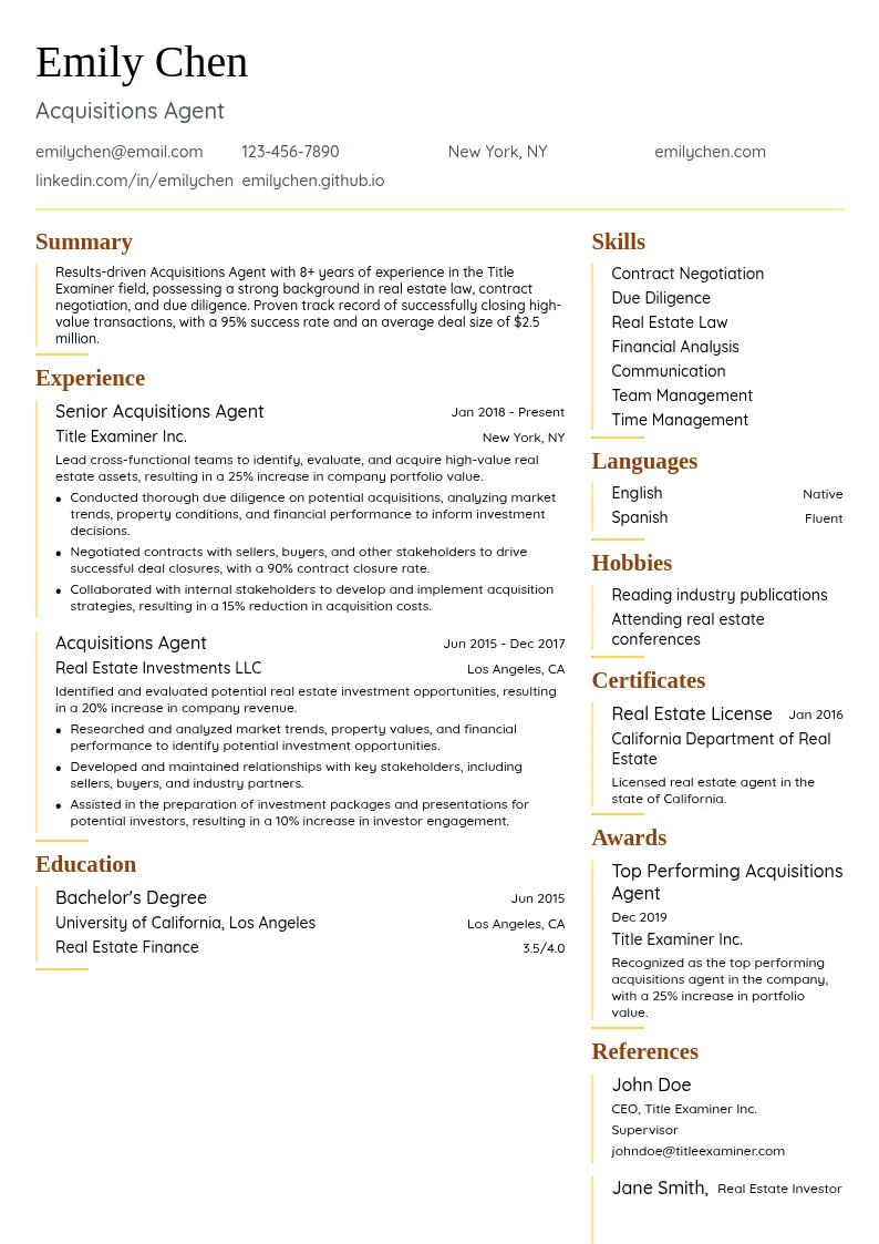 Acquisitions Agent resume example