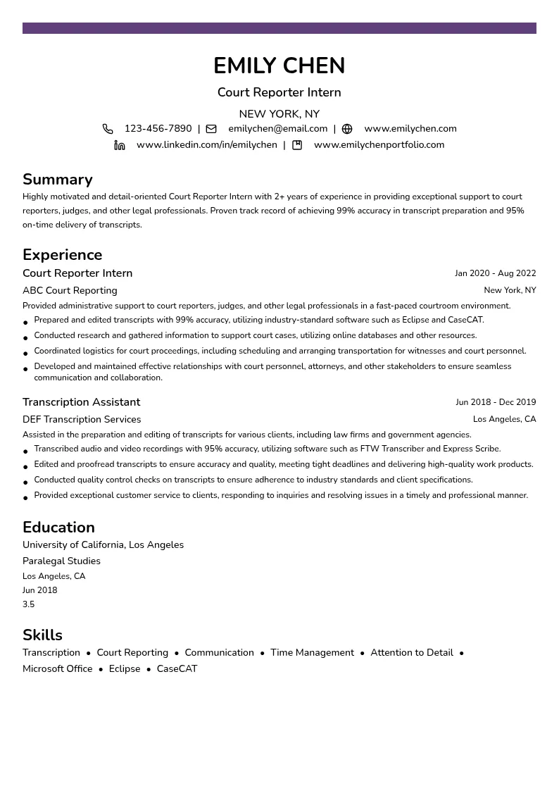 Court Reporter Intern resume example