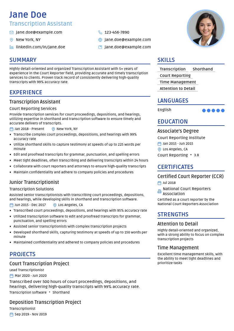 Transcription Assistant resume example