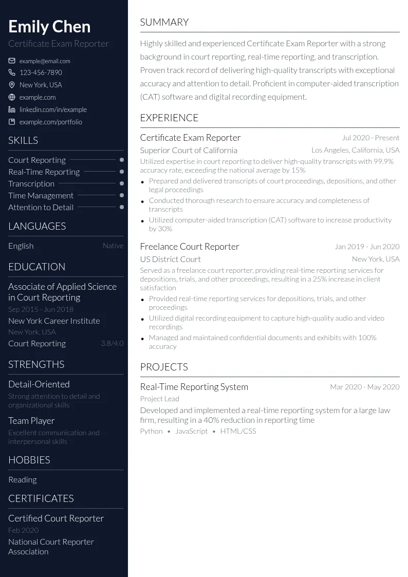 Certificate Exam Reporter resume example