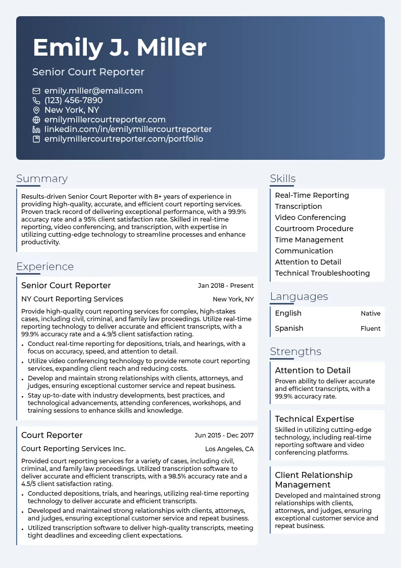 Senior Court Reporter resume example