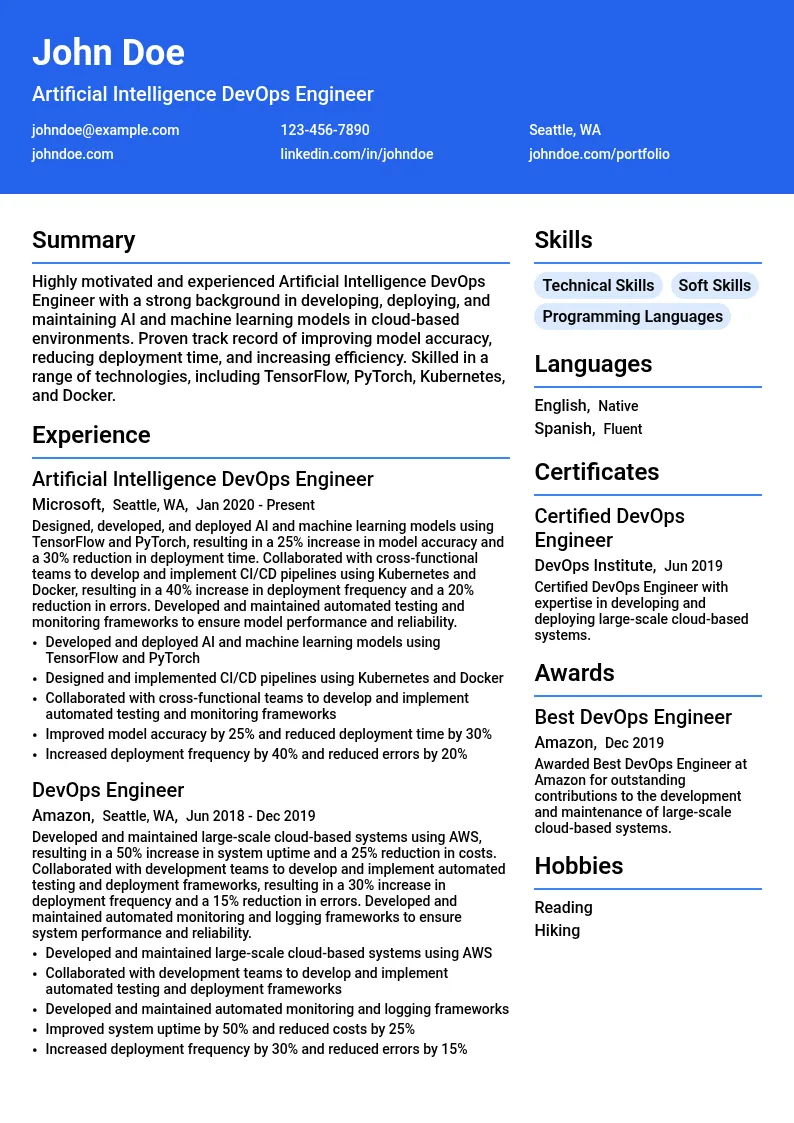 Artificial Intelligence DevOps Engineer resume example