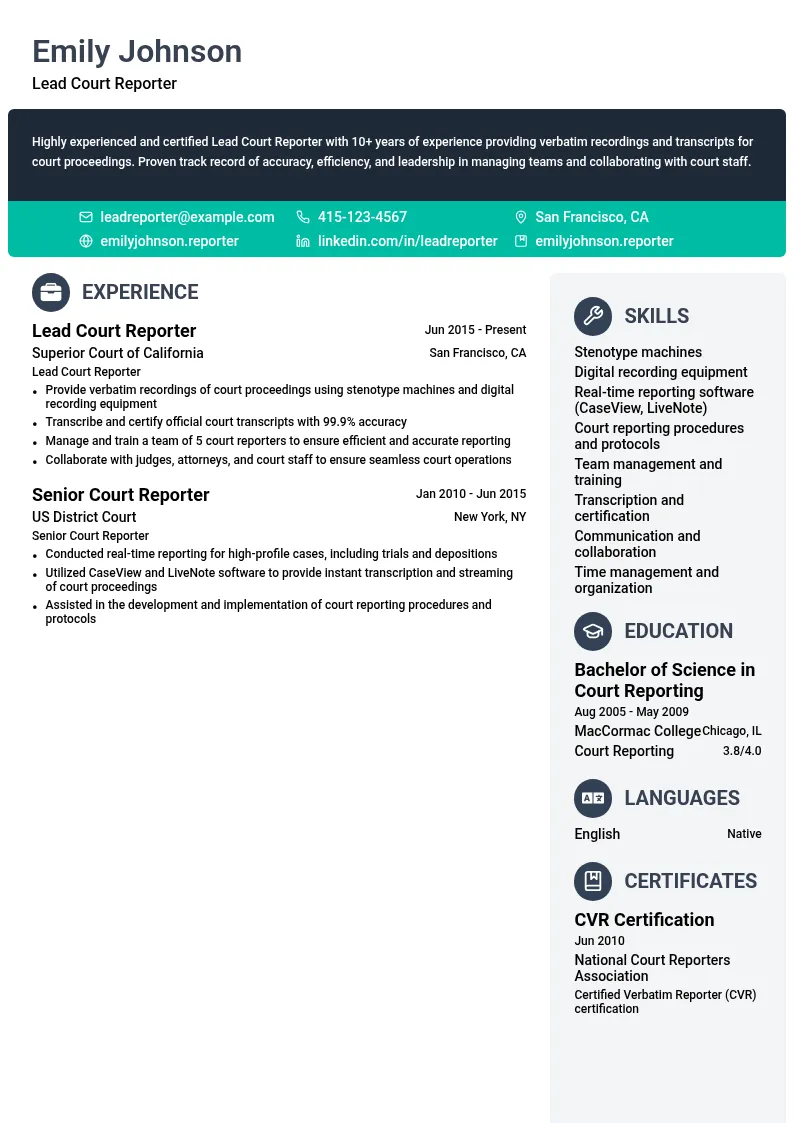 Lead Court Reporter resume example