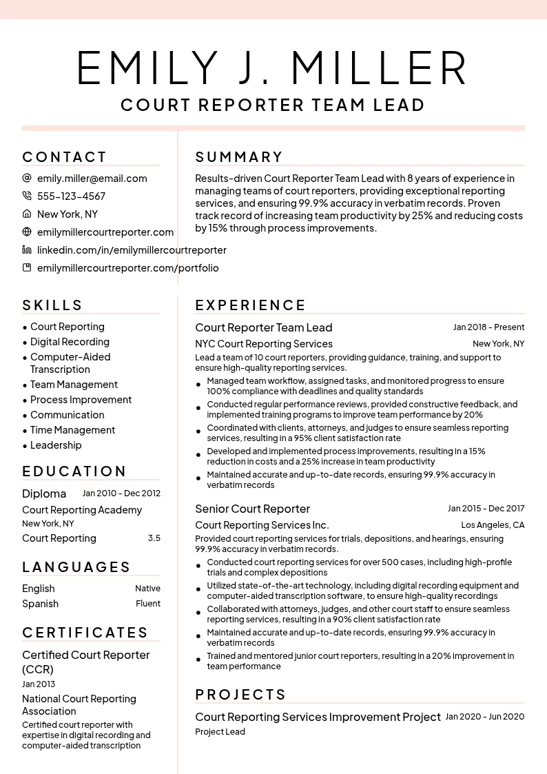 Court Reporter Team Lead resume example