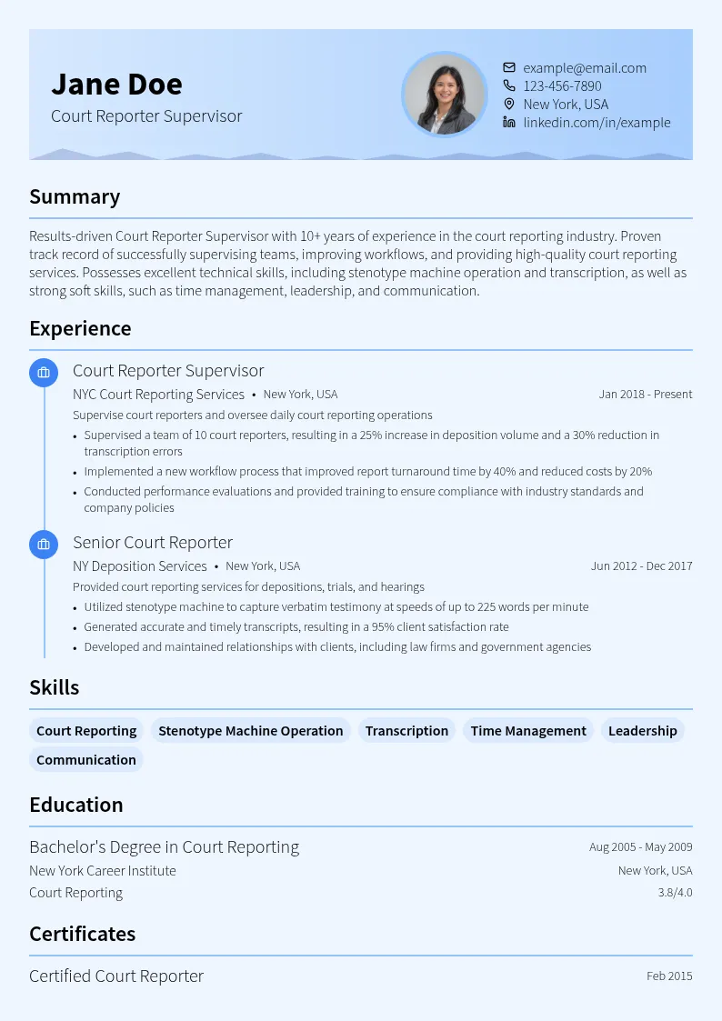 Court Reporter Supervisor resume example