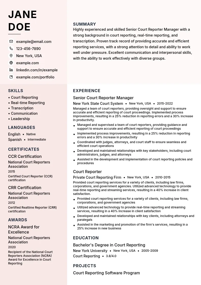 Senior Court Reporter Manager resume example