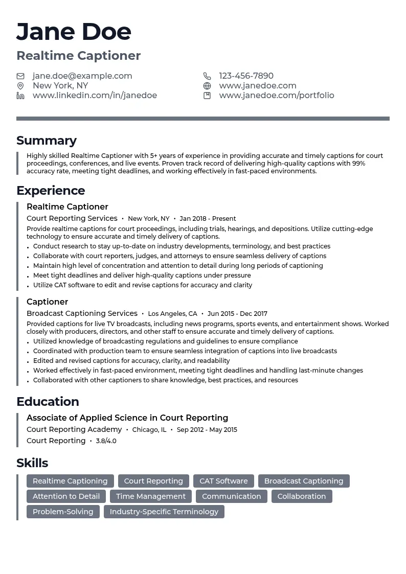 Realtime Captioner resume example