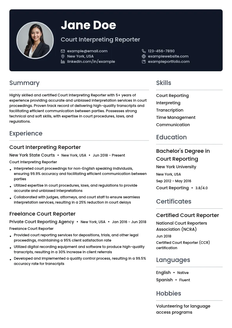 Court Interpreting Reporter resume example