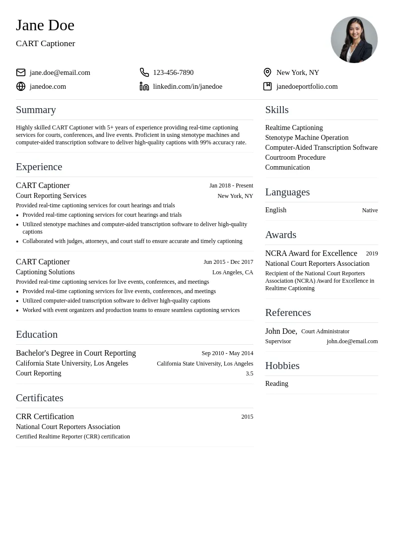  CART Captioner resume example