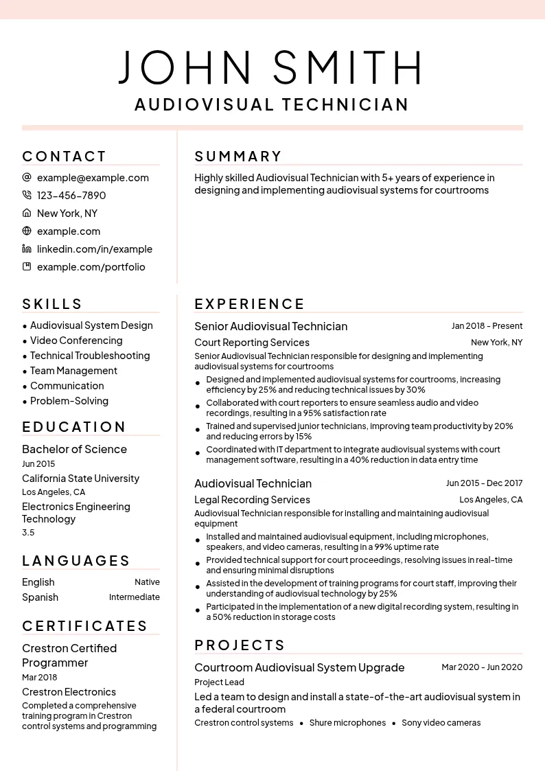 Audiovisual Technician resume example