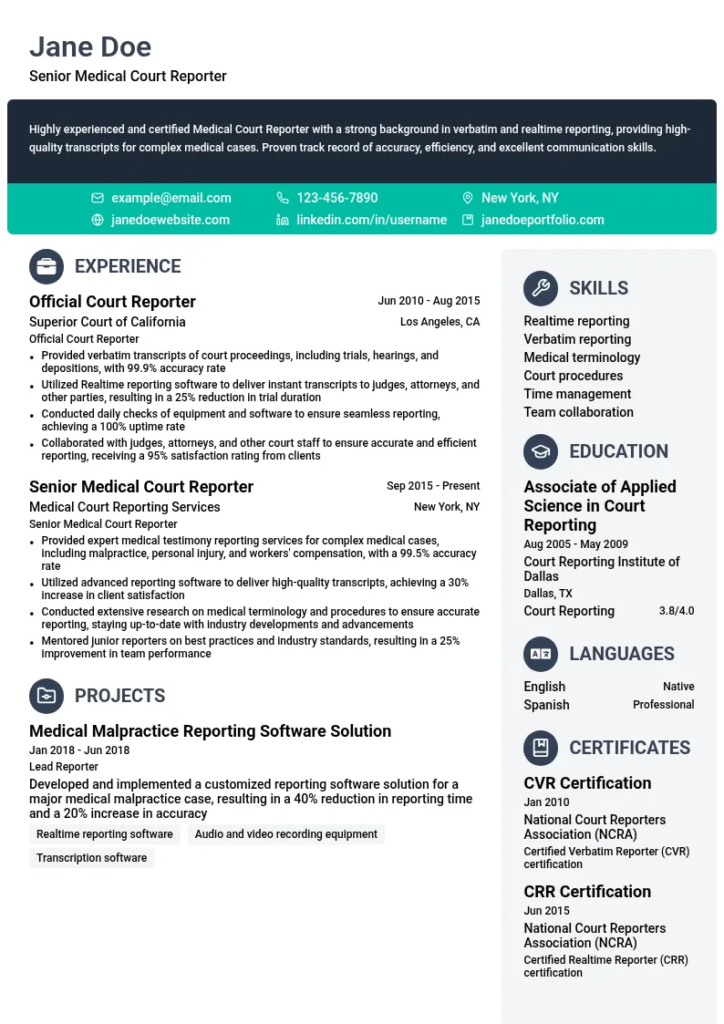 Medical Court Reporter resume example