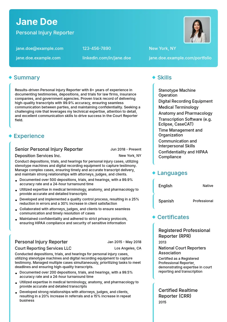 Personal Injury Reporter resume example