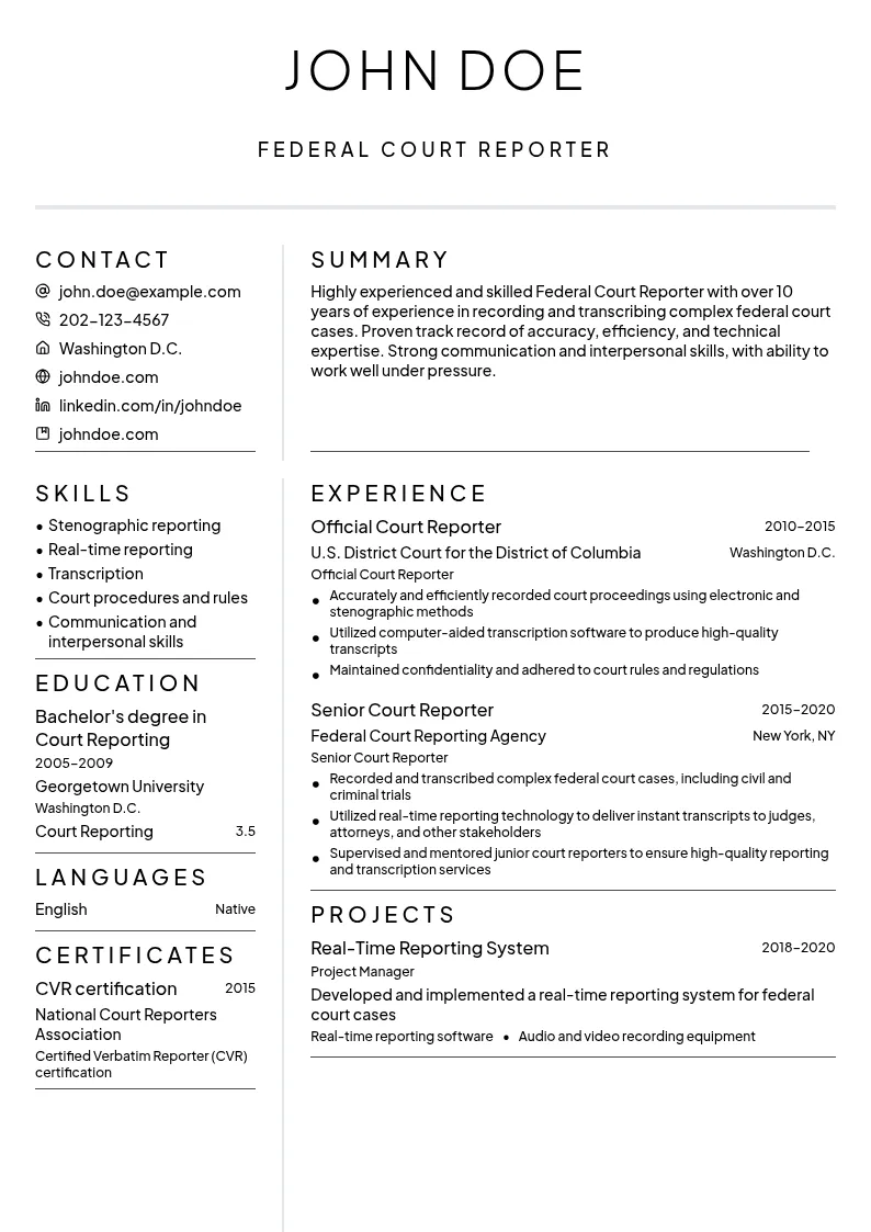 Federal Court Reporter resume example