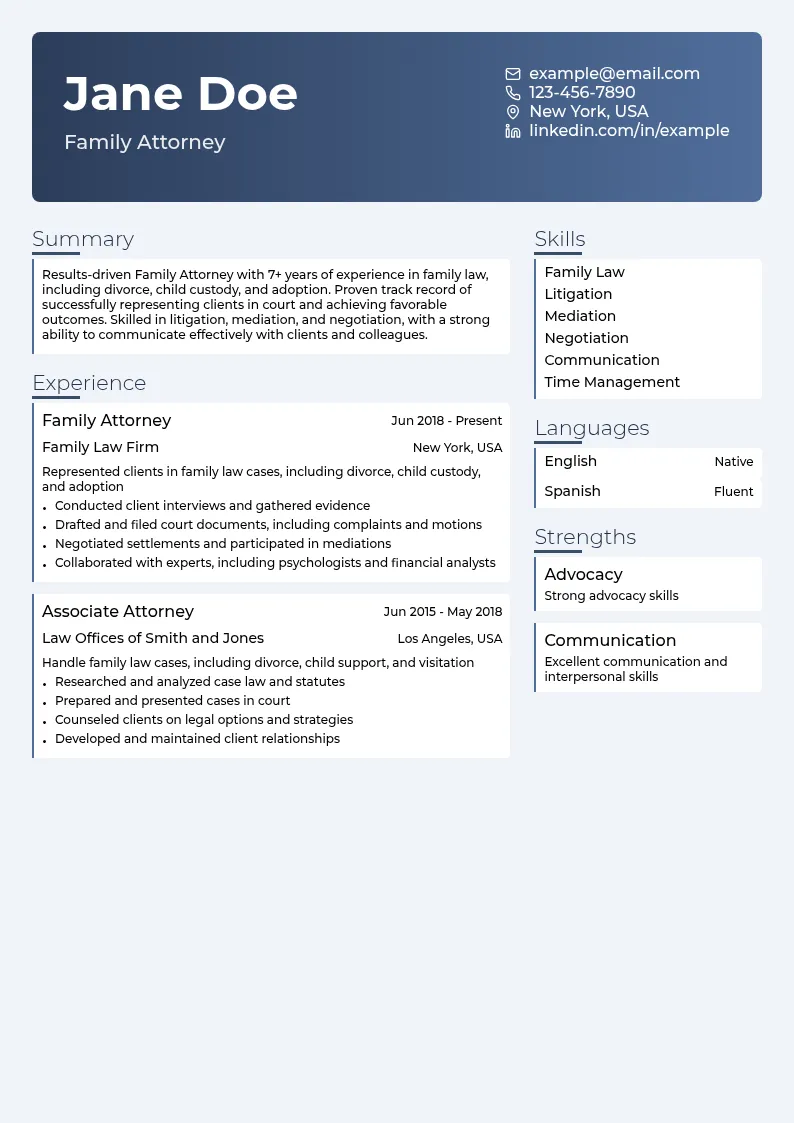 Family Attorney resume example