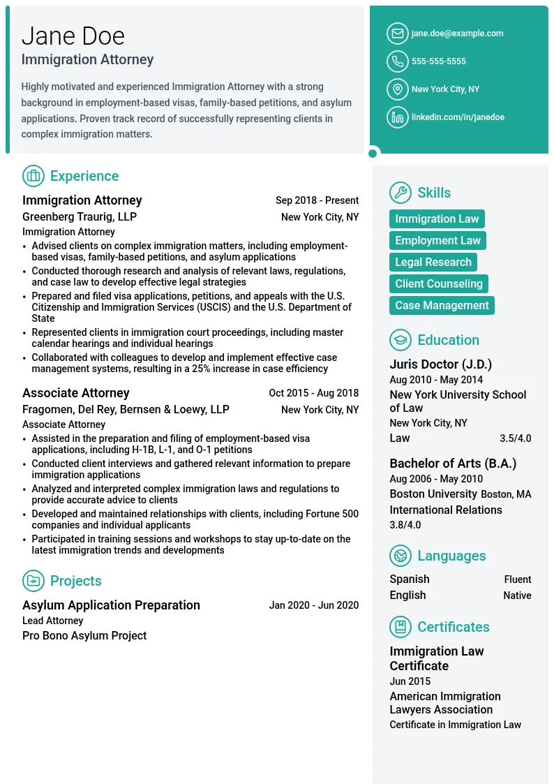 Immigration Attorney resume example
