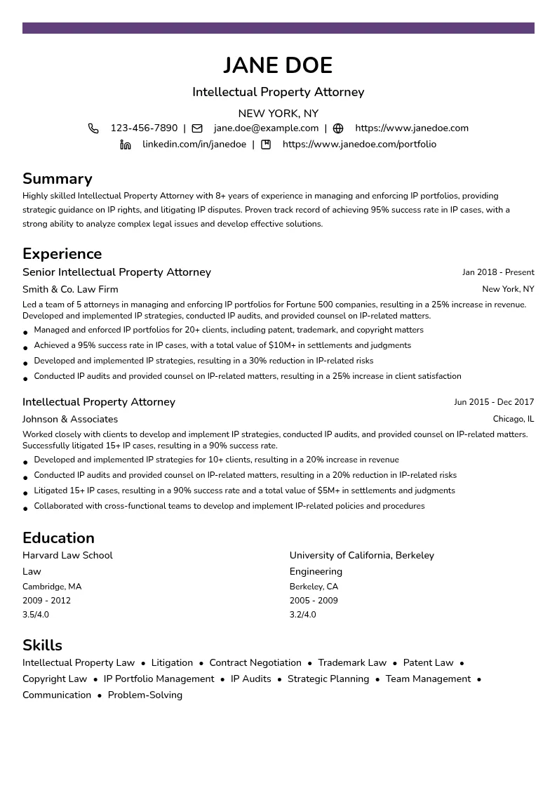 Intellectual Property Attorney resume example