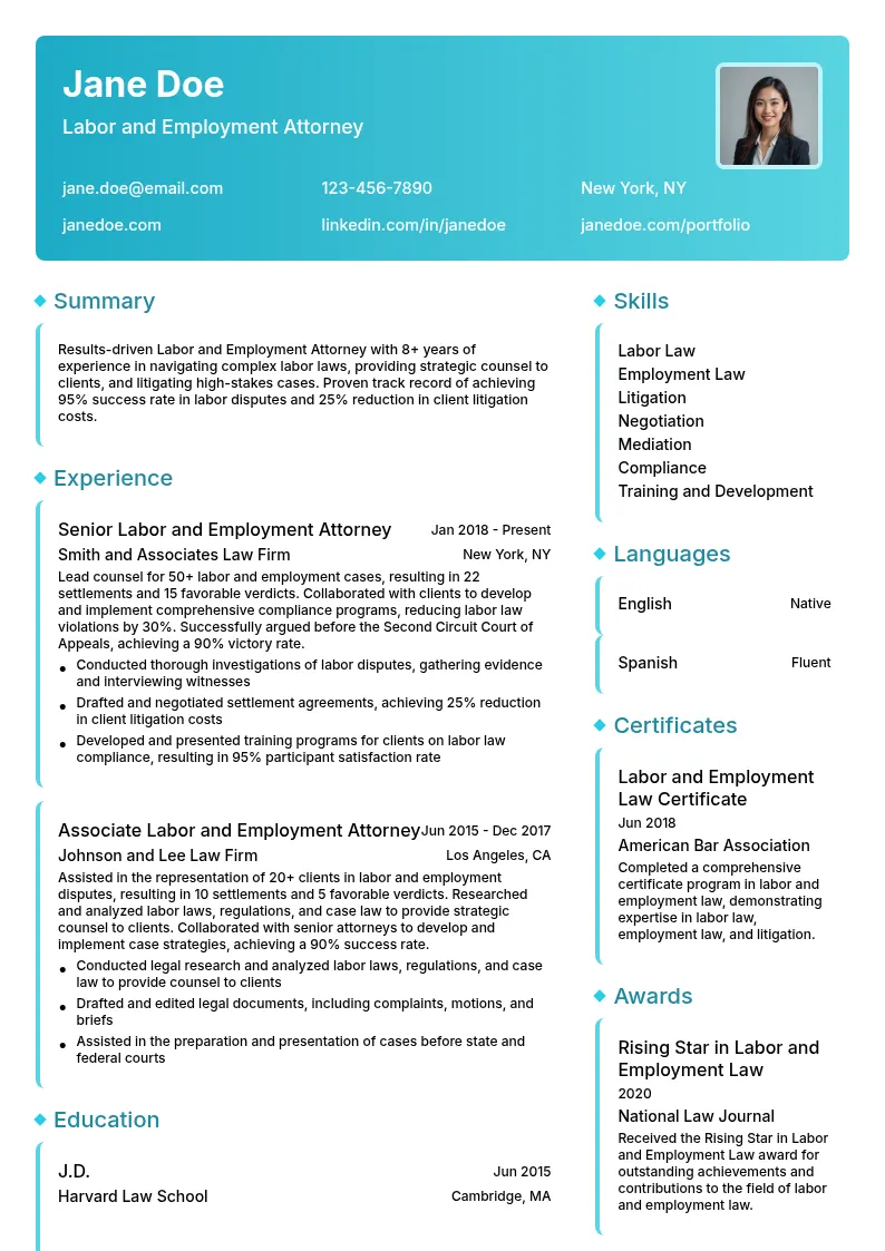 Labor and Employment Attorney resume example