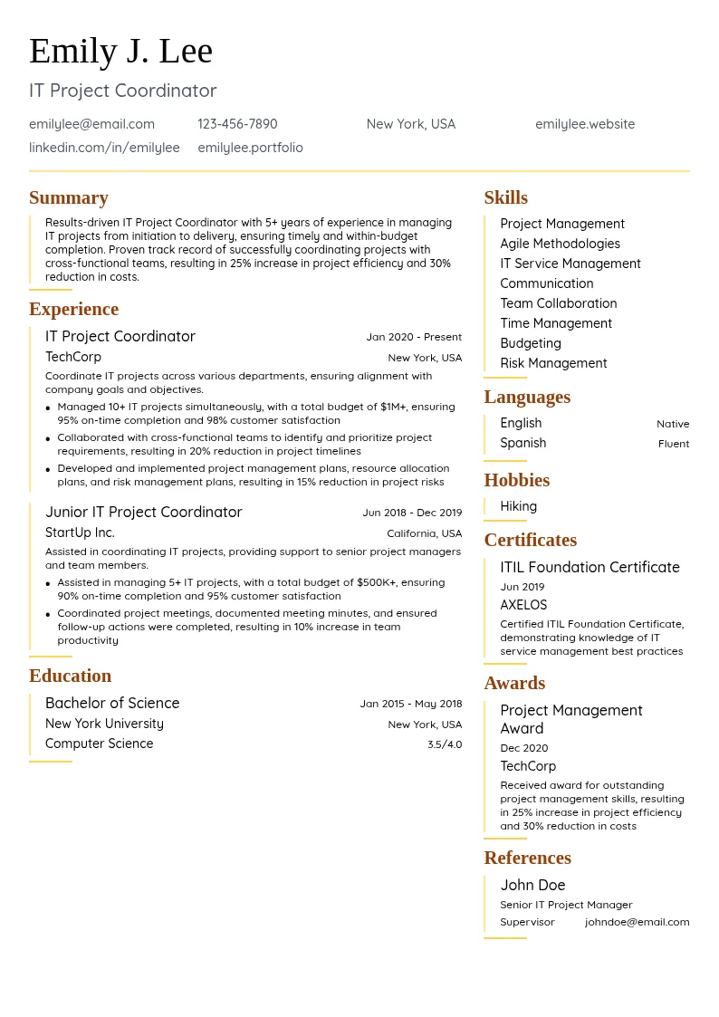 IT Project Coordinator resume example