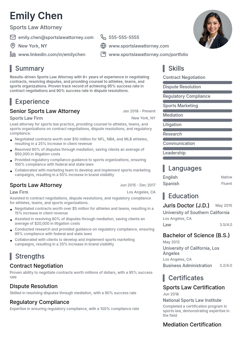 Sports Law Attorney resume example