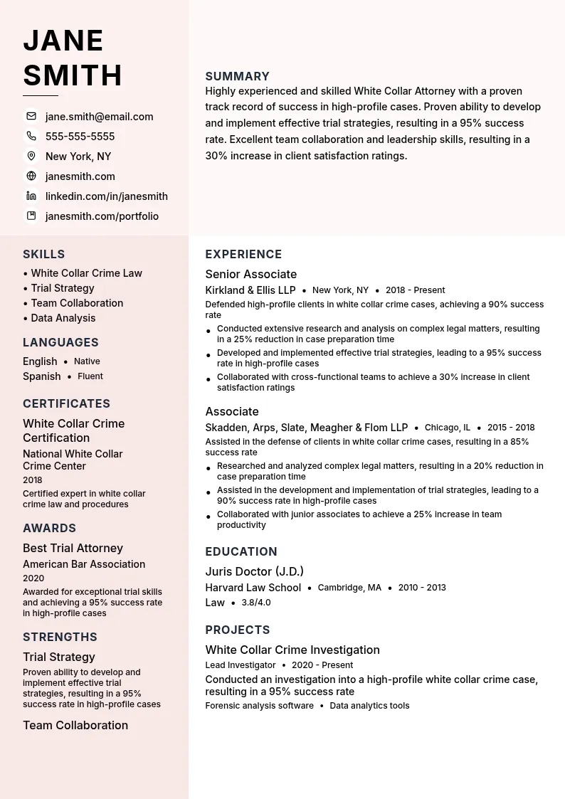 White Collar Attorney resume example
