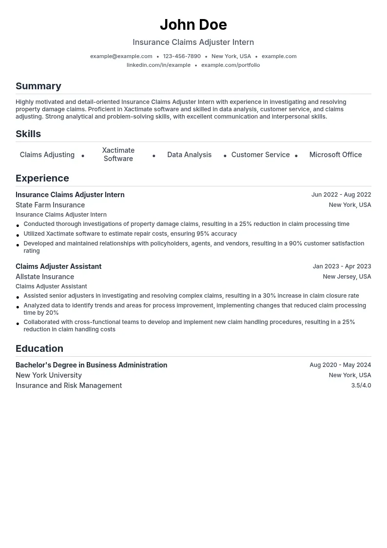 Insurance Claims Adjuster Intern resume example