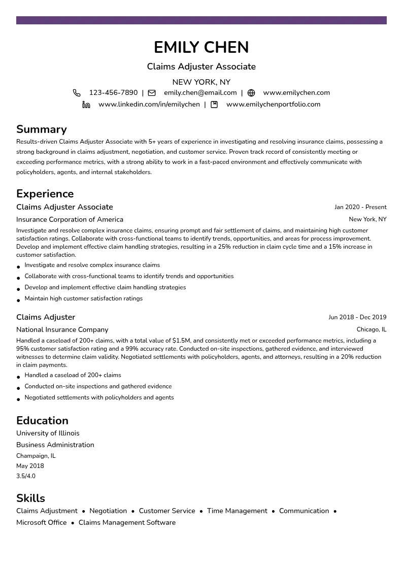 Claims Adjuster Associate resume example
