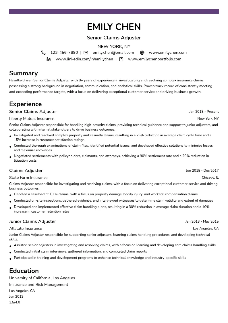 Senior Claims Adjuster resume example