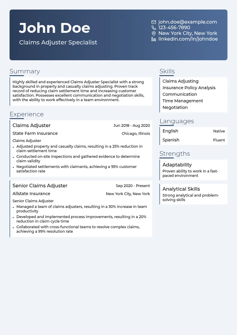 Claims Adjuster Specialist resume example