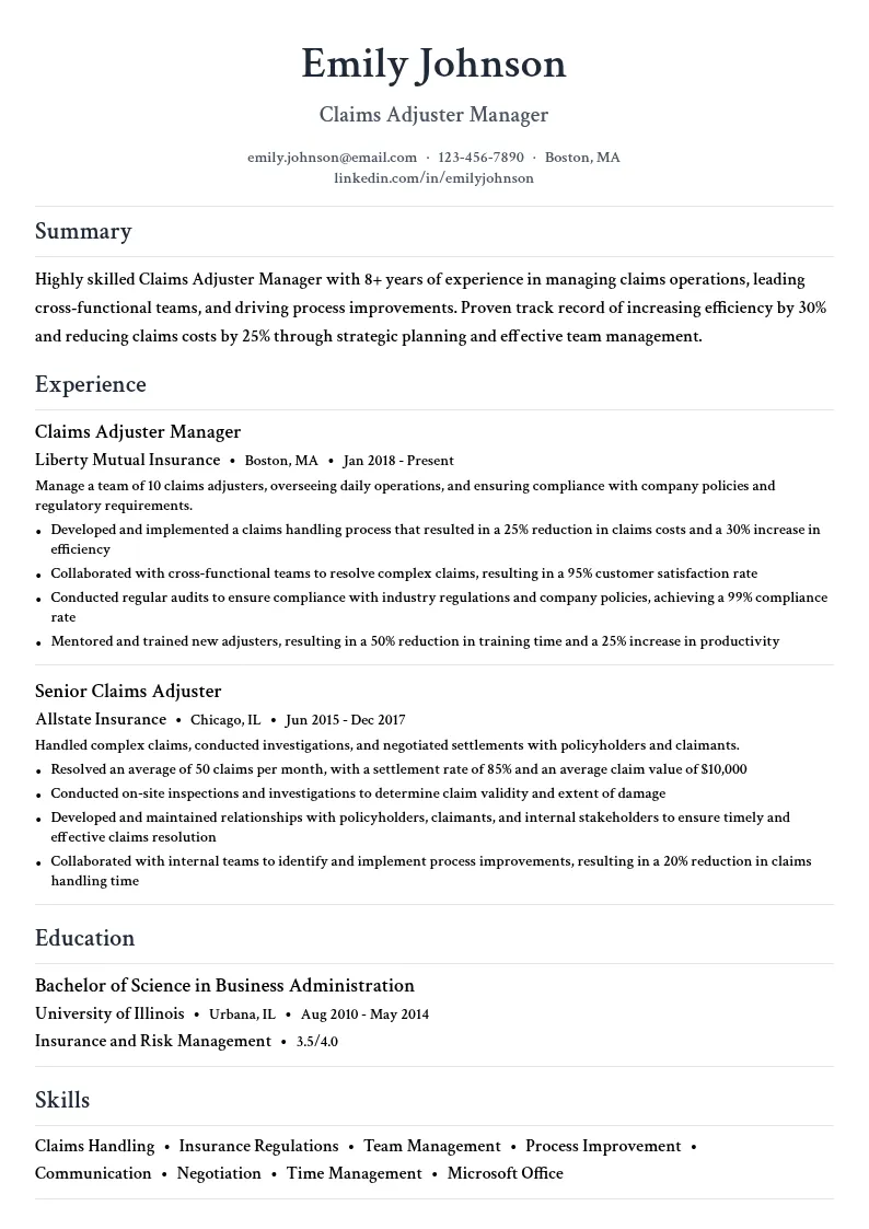 Claims Adjuster Manager resume example