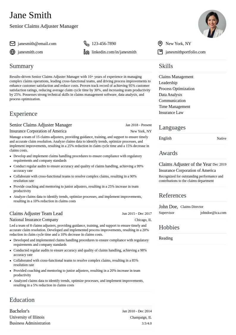 Senior Claims Adjuster Manager resume example