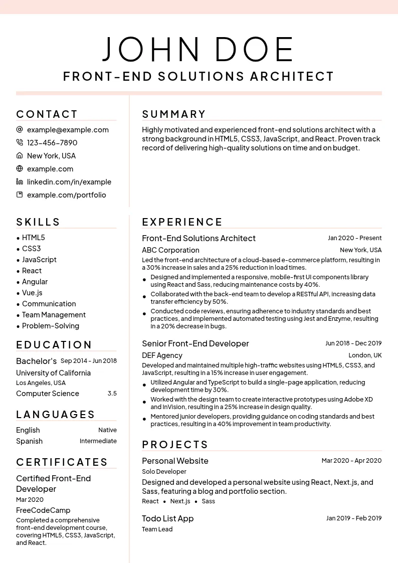 Front-End Solutions Architect resume example