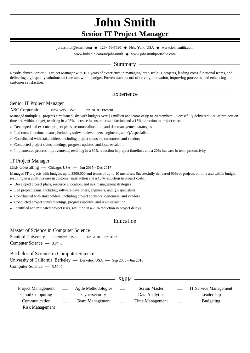 Senior IT Project Manager resume example