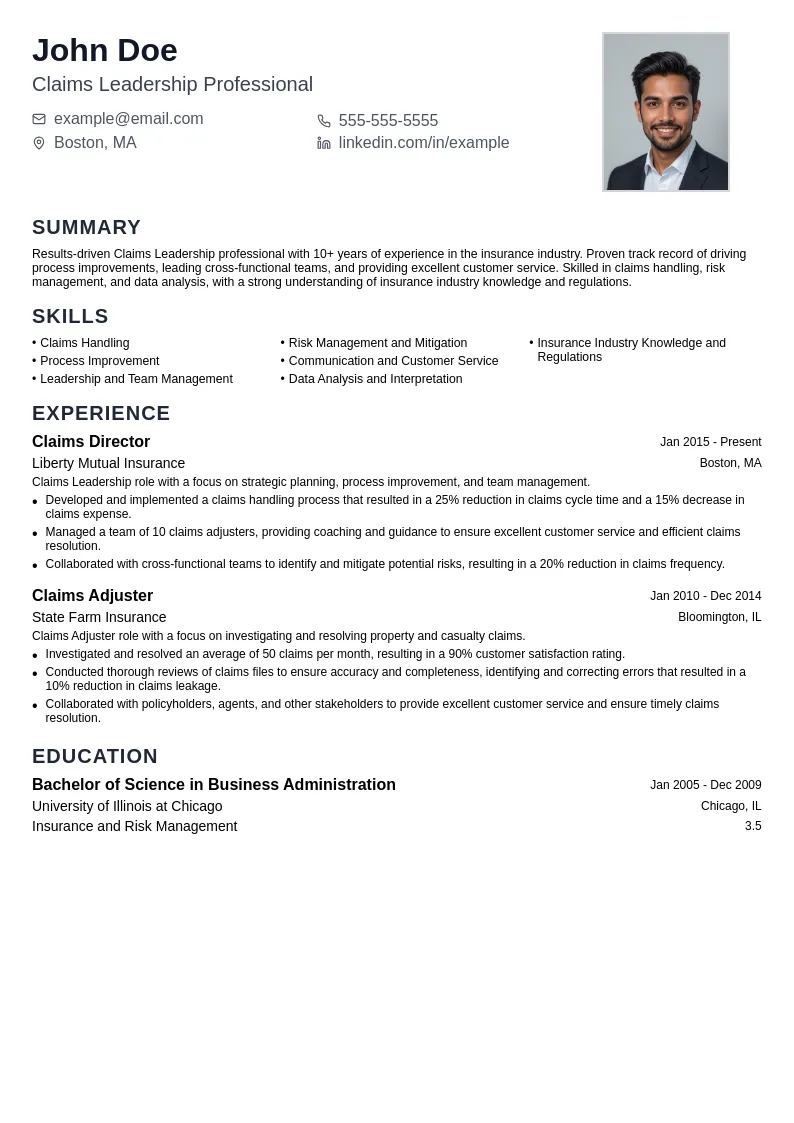 Claims Leadership resume example