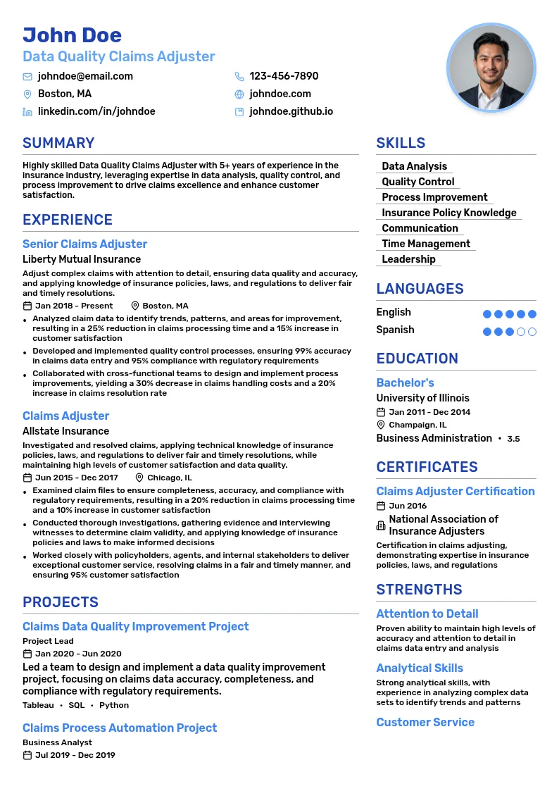 Data Quality Claims Adjuster resume example