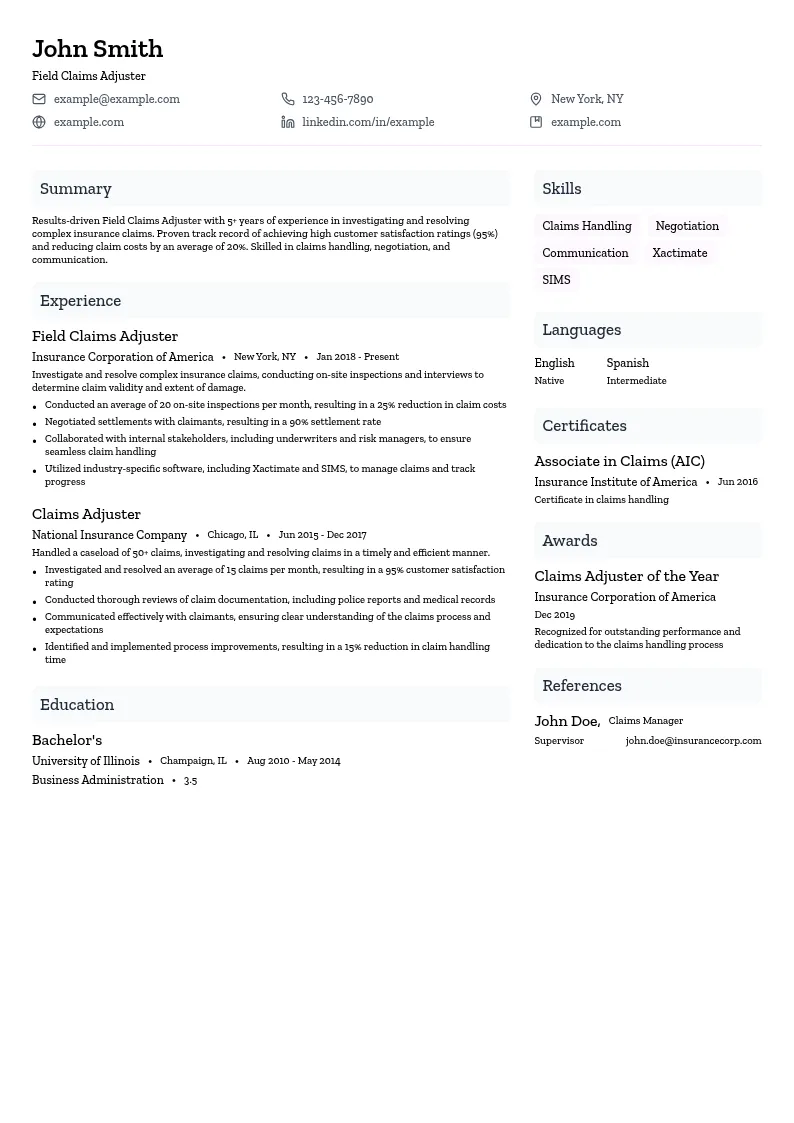 Field Claims Adjuster resume example