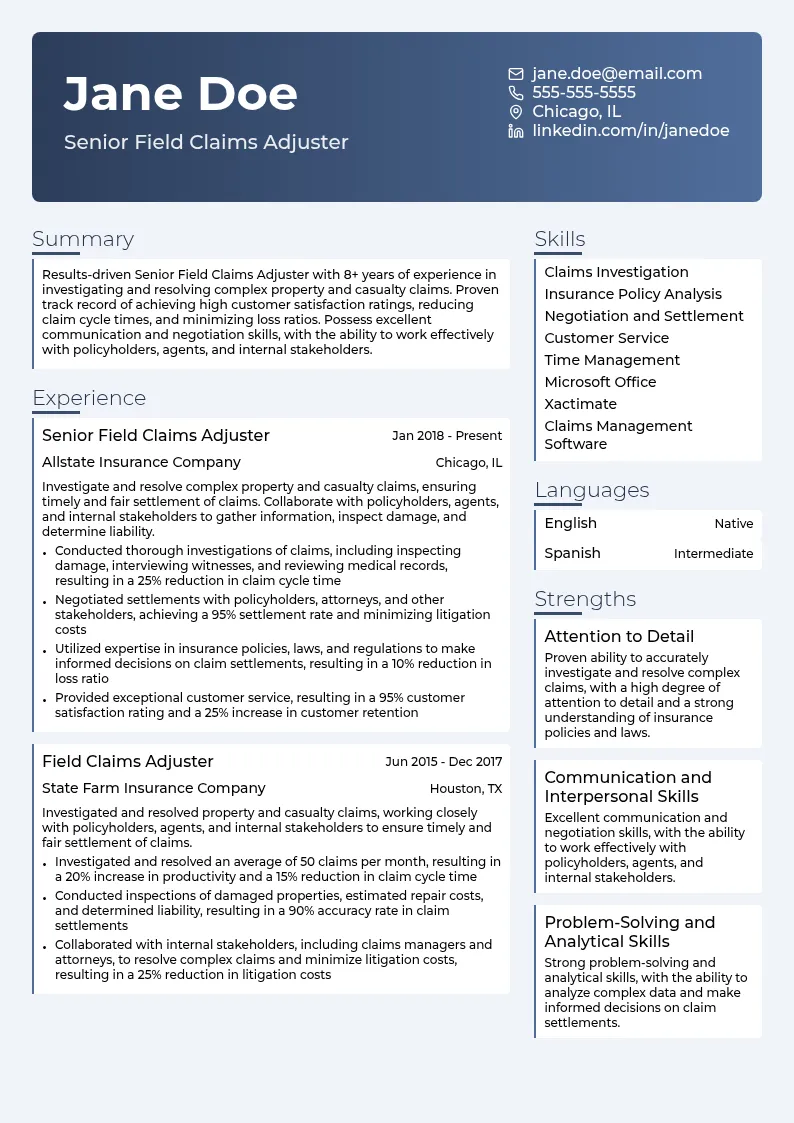 Senior Field Claims Adjuster resume example