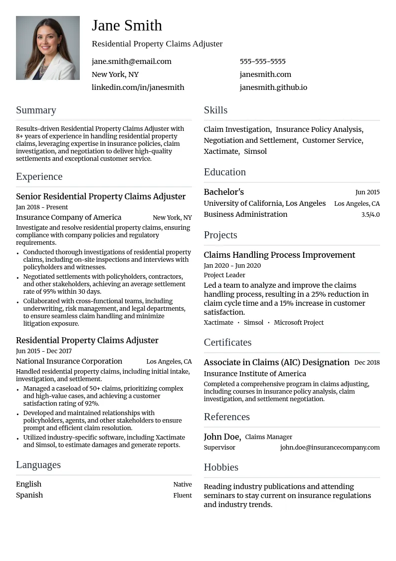 Residential Property Claims Adjuster resume example