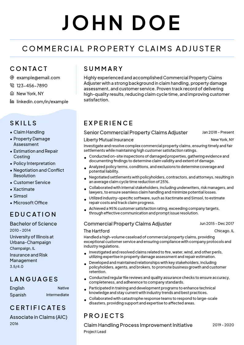 Commercial Property Claims Adjuster resume example