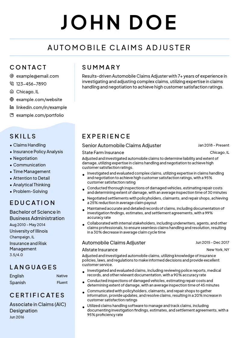 Automobile Claims Adjuster resume example