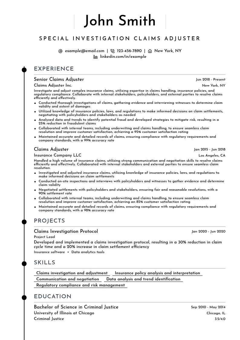 Special Investigation Claims Adjuster resume example